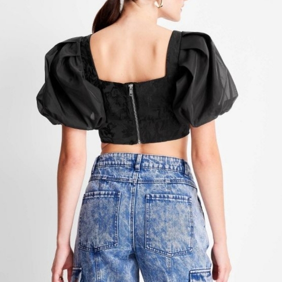 Future Collective Black Organza Puff Sleeve Crop Top - Picture 4 of 11